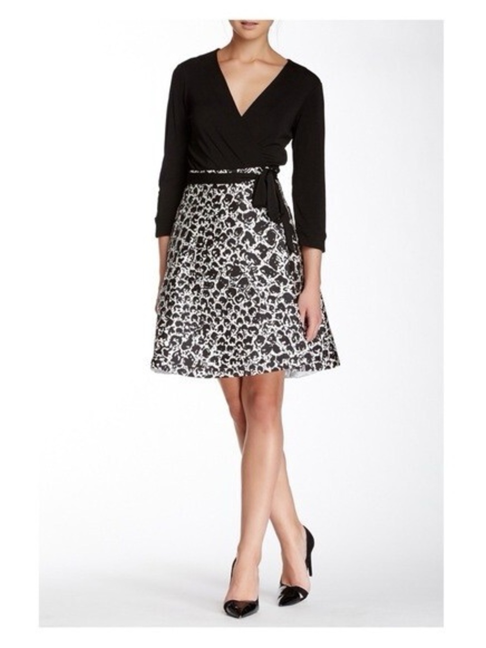 Diane Von Furstenberg Black Wrap-Top A-Line Skirt with Monochrome Animal Print